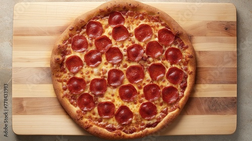 Top-Down View of Pepperoni Pizza on Wood Cutting Board