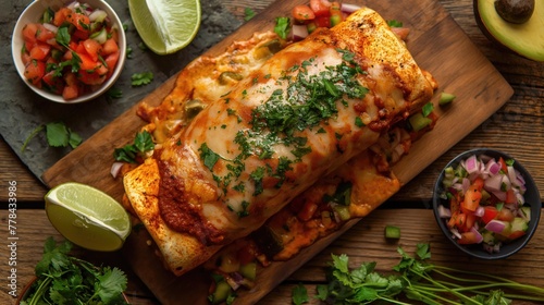 Top-Down View of Smothered Burrito on Wood Board