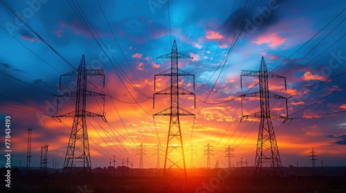 Electrical power lines dominating the skyline at sunset with vibrant colors in the sky