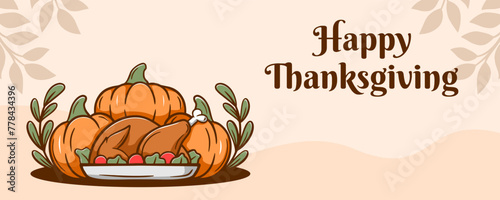 Thanksgiving banner with cartoon roast turkey and pumpkin vector illustration
