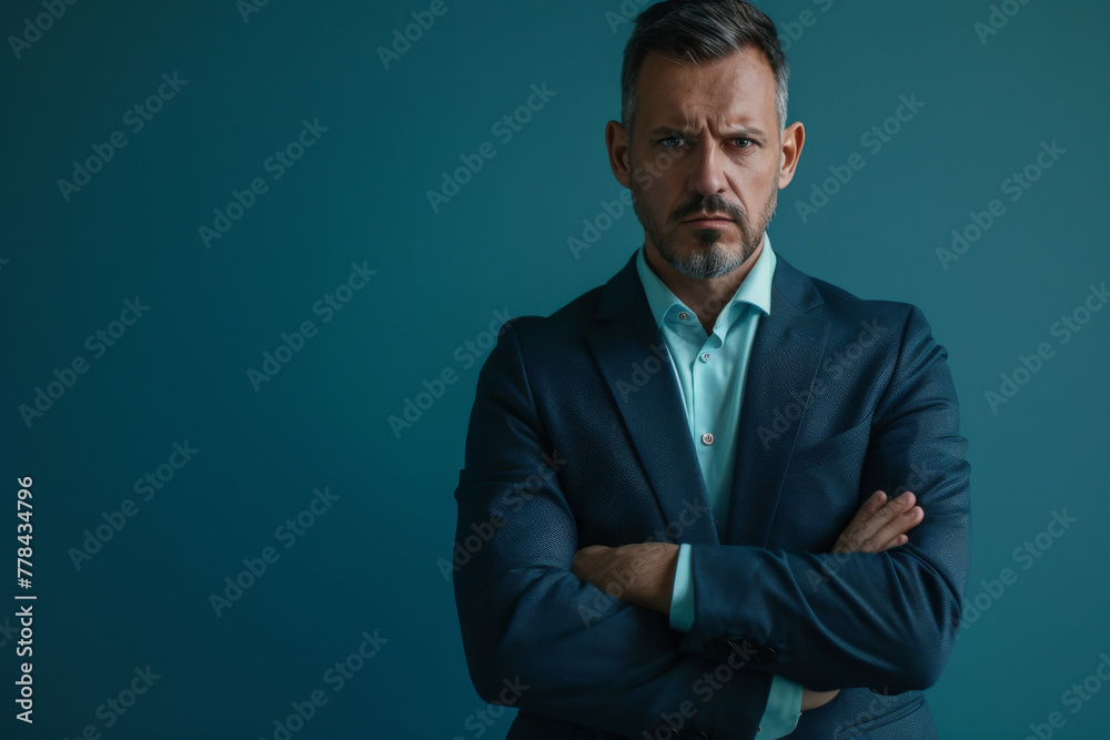 A man in a suit and blue shirt has his arms crossed A man in a suit and blue shirt has his arms crossed