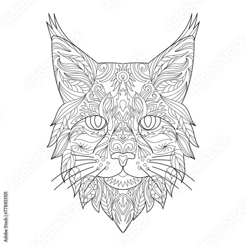Lynx head line art for children or adult coloring book. Vector graphic, coloring page. Hand-drawn with ethnic floral doodle pattern. Zendala, spiritual relaxation. Zen doodles
