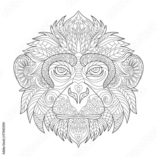 Monkey head line art for children or adult coloring book. Vector graphic, coloring page. Hand-drawn with ethnic floral doodle pattern. Zendala, spiritual relaxation. Zen doodles
