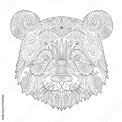 Panda head line art for children or adult coloring book. Vector graphic, coloring page. Hand-drawn with ethnic floral doodle pattern. Zendala, spiritual relaxation. Zen doodles
