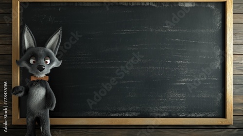 3D Render of Cute Wolf Cartoon Character with Chalkboard Wall