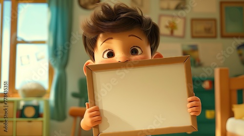3D Render of Cute Little Boy Holding Blank Picture Frame