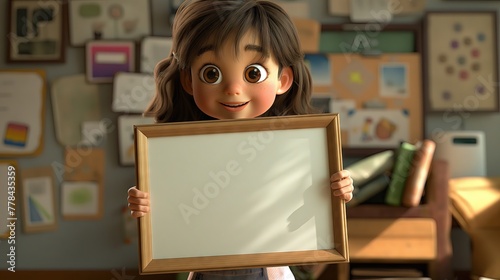 3D Render of Cute Little Girl Holding Blank Picture Frame