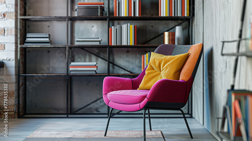 Vibrant Mid-Century Reading Corner. A striking mid-century modern armchair in pink and purple hues with vivid yellow and orange cushions set against an industrial bookshelf backdrop