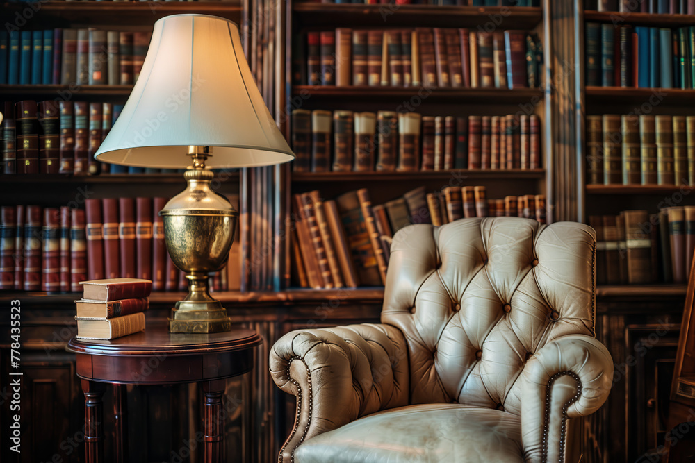 Classic Leather Chair in Private Library Study. An elegant leather tufted chair paired with a vintage lamp and surrounded by wooden bookshelves filled with classic literature.