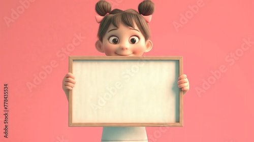 3D Render of Cute Little Girl Holding Blank Picture Frame