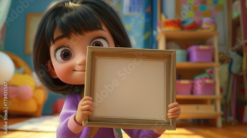 3D Render of Cute Little Girl Holding Blank Picture Frame