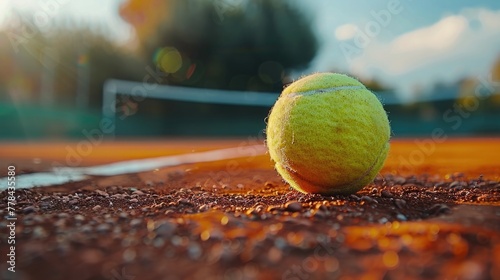 A close-up of a tennis ball, its fluorescent yellow felt texture contrasted against the clay court fading into soft focus, capturing the speed and agility of tennis © Татьяна Креминская
