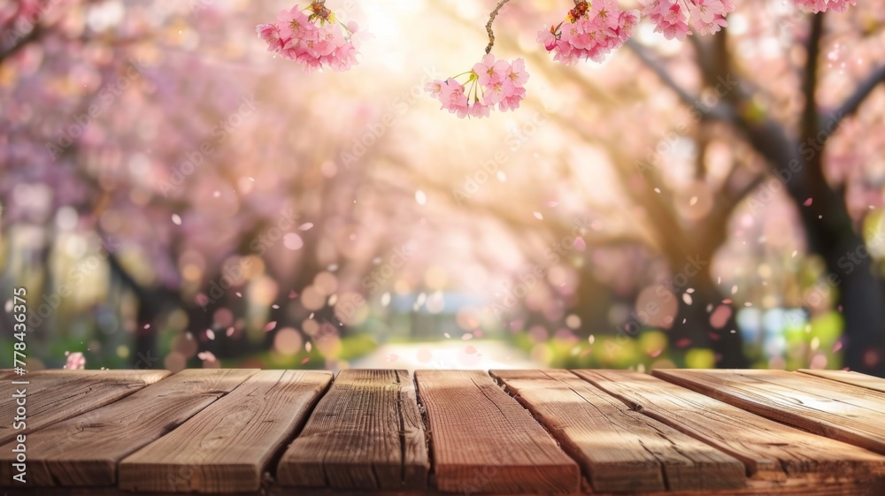 Empty Wooden Table in Pink Cherry Blossoms background Empty Wooden Table in Pink Cherry Blossoms background
