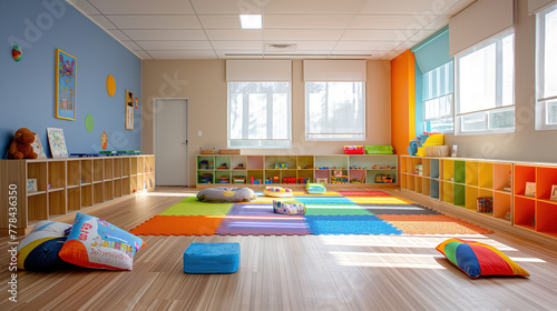Spacious Colorful Kindergarten Classroom Interior with Sunny Ambiance