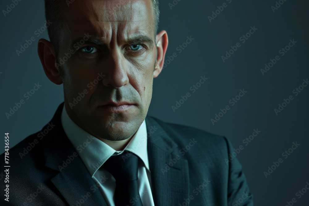 A man in a suit and tie has a serious look on his face