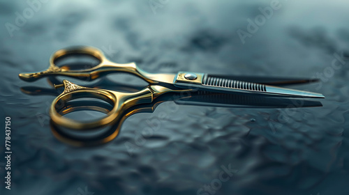 Razor-sharp hairdressing scissors poised on a reflective surface, showcasing their precision engineering. 32K.