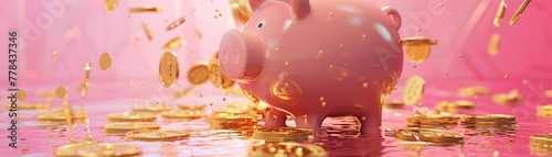 Coins of gold rained into the pink piggy bank overflowing onto the floor , UHD