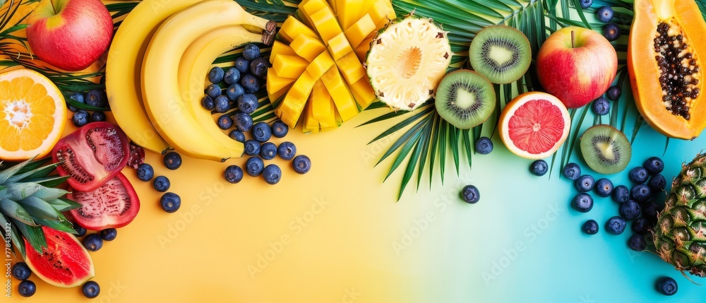  pineapples, bananas, kiwis, blueberries