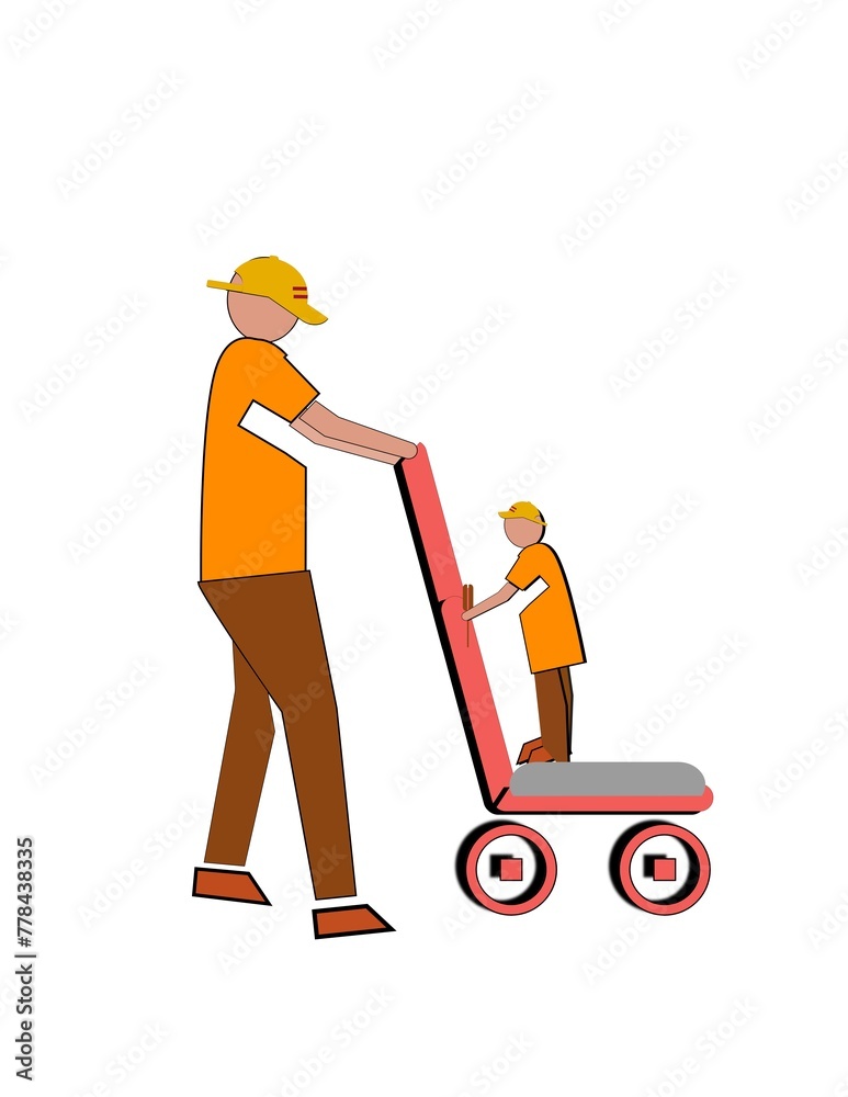 A man is pushing a cart with a child in it