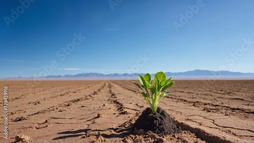 a green sapling grows midst arid soil in desert, nature strength symbol and the urgent need to confront desertification, beneath clear blue skies
