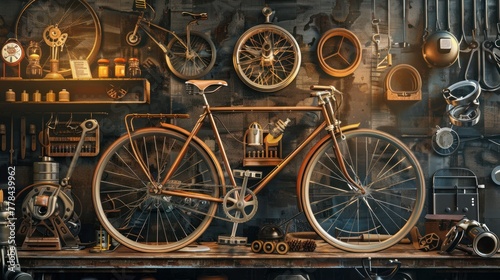 A beautiful photo of a bicycle and its elements AI generated © Zie