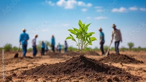 green sapling in arid soil with people planting trees in background, echoing the battle against desertification amidst the clear blue sky photo