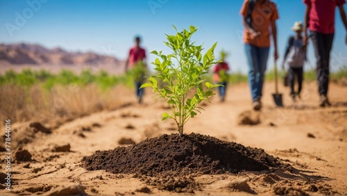 reen sapling planted in desert soil with people engaged in tree planting efforts, addressing nature retreat and desertification underneath the blue sky photo