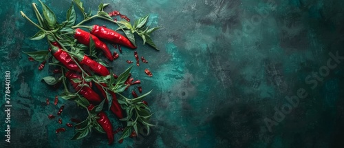   A red pepper cluster sits on a green table alongside green foliage and crushed black peppercorns on a green background photo