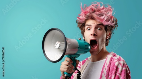 Funny portrait of an emotional guy with a megaphone. Collage in magazine style. Flyer with trendy colors, advertising copy space. Discount, sale season. Information concept. Attention news!