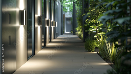 A hallway illuminated by AI-adjustable lighting fixtures that adapt to occupancy and natural light levels. photo