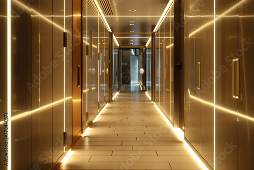 A hallway illuminated by AI-adjustable lighting fixtures that respond to occupancy and natural light levels. photo
