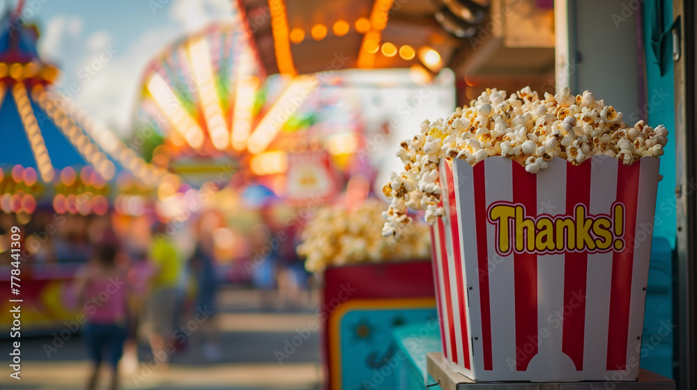 Obraz premium A bustling carnival scene with a colorful concession stand selling popcorn adorned with cheerful Thanks! signage captures the essence of summertime joy