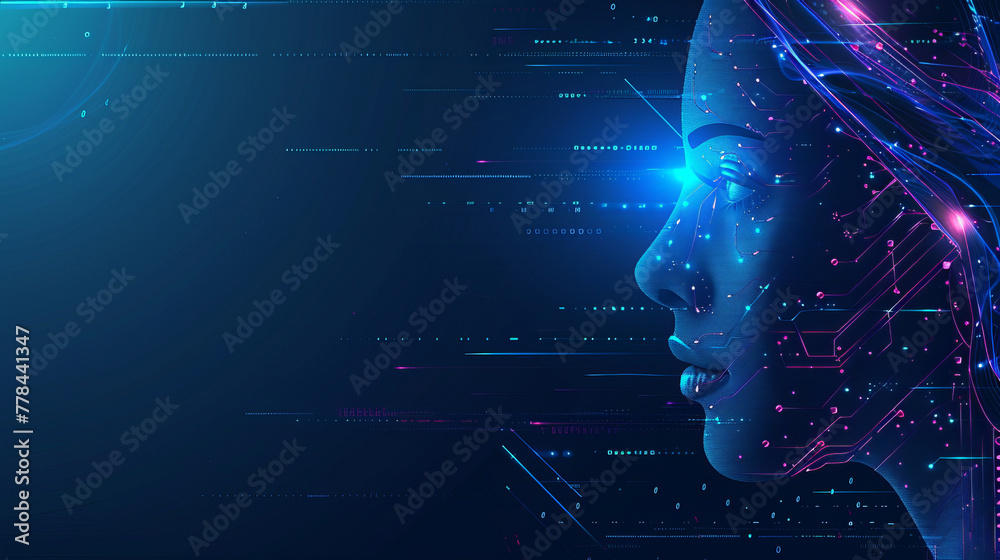 Big data and artificial intelligence concept. Machine learning and cyber mind domination concept in form of women face outline outline with circuit board and binary data flow on blue background. - obrazy, fototapety, plakaty 