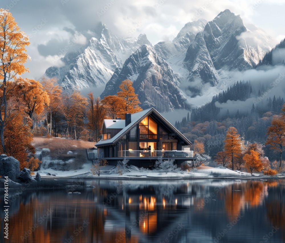 Fototapeta premium A lonely house in the mountains with snow 