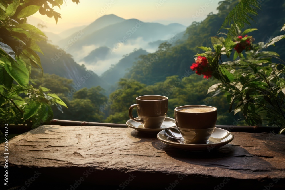 Coffee cup on with mountain view in the background Coffee cup on with mountain view in the background