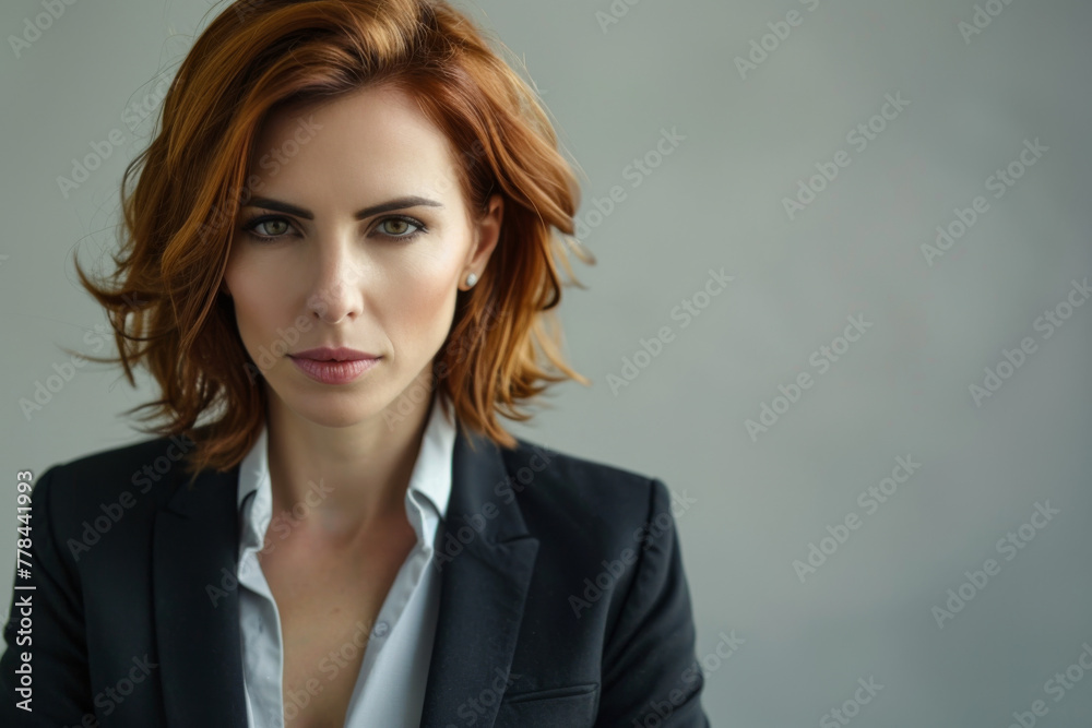A woman with red hair is wearing a black jacket and white shirt A woman with red hair is wearing a black jacket and white shirt