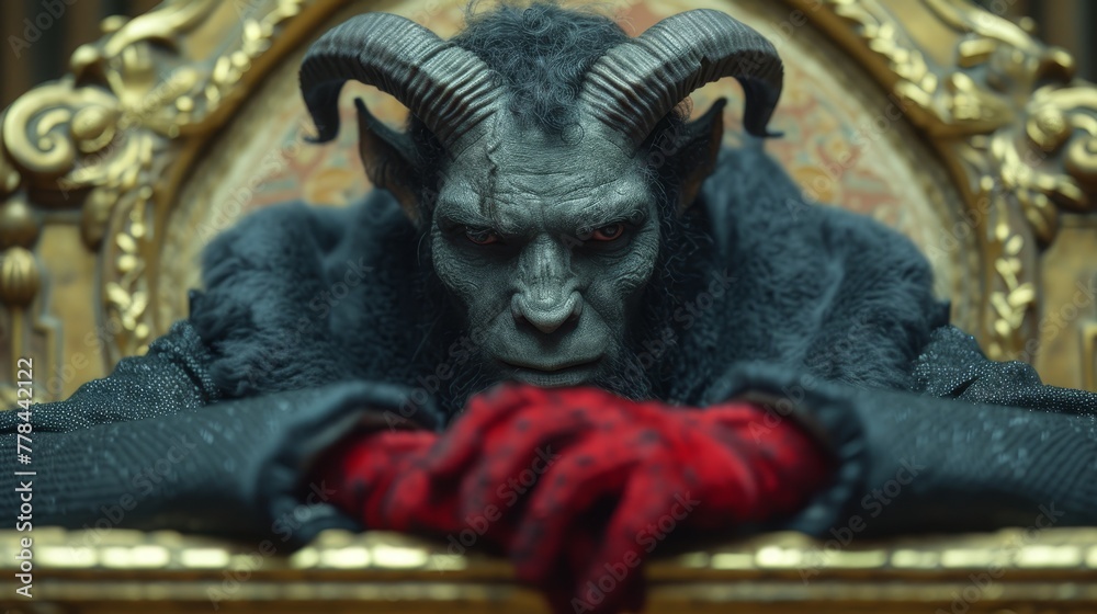 a close up of a demon sitting on a chair with a red glove on the arm of it's hand.