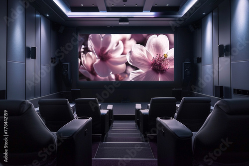 A home theater with AI-driven immersive sound system, simulating surround sound without the need for multiple speakers.