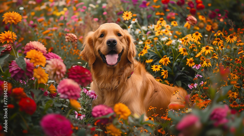 A golden retriever frolicking amidst a sea of vibrant flowers in its owner's garden