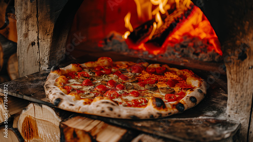 Delicious pizza with melted cheese and tomatoes, taken out from a blazing stone oven