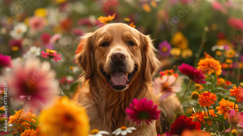 A golden retriever frolicking amidst a sea of vibrant flowers in its owner's garden