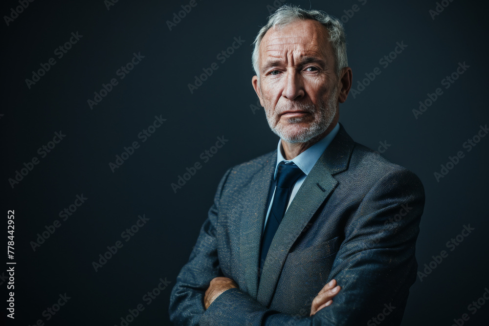 A man in a suit and tie with his arms crossed A man in a suit and tie with his arms crossed