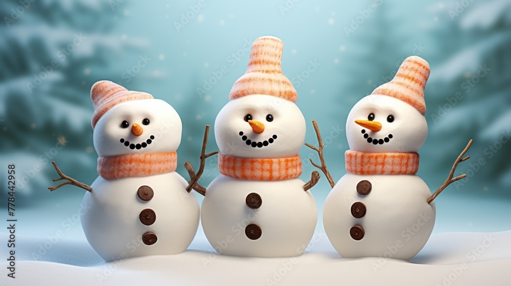 Snowmen trio adds a playful touch to the winter scenery with snowy trees.