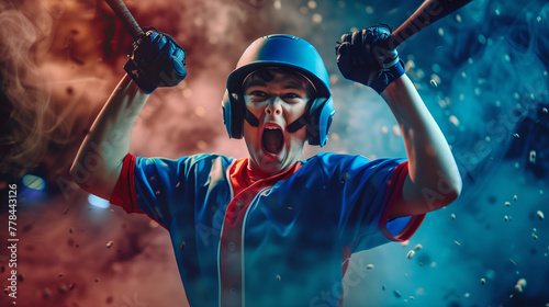 Obraz na płótnie A young baseball player in a blue and red uniform striking a victorious pose on the field w salonie