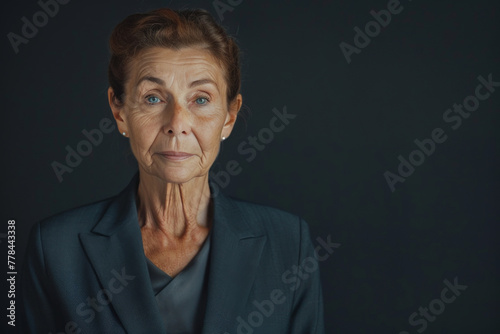 An older woman wearing a suit and earrings looks at the camera