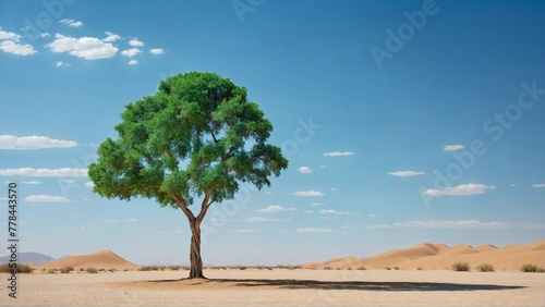 A lone green tree symbolising nature retreat and the looming threat of desertification  against the backdrop of a vast  clear blue sky