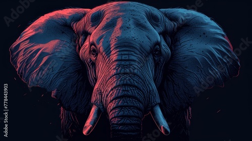 a close up of an elephant's face with a red and blue light on it's left side.