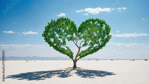 A heart-shaped green tree emerges in the barren desert  reminder of nature strength and the pressing need to combat the advance of desertification