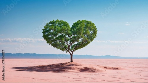 lone green tree grows in pink sands  the heart of the desert  its foliage a testament to nature strength and battle against desert outspread and encroaching desertification