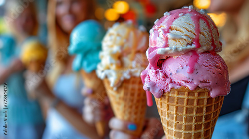 A delightful scene of people enjoying colorful scoops of ice cream on a hot day